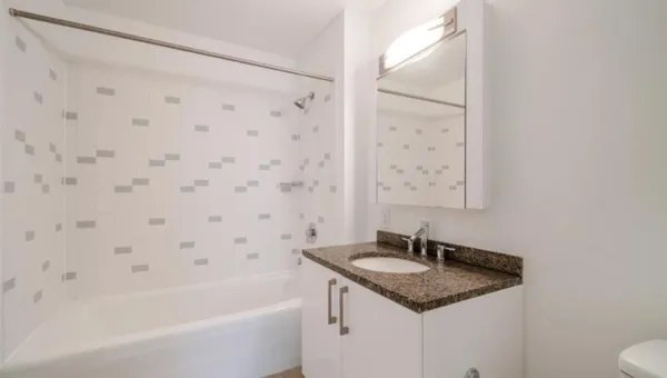 a bathroom with a granite countertop sink a toilet and shower