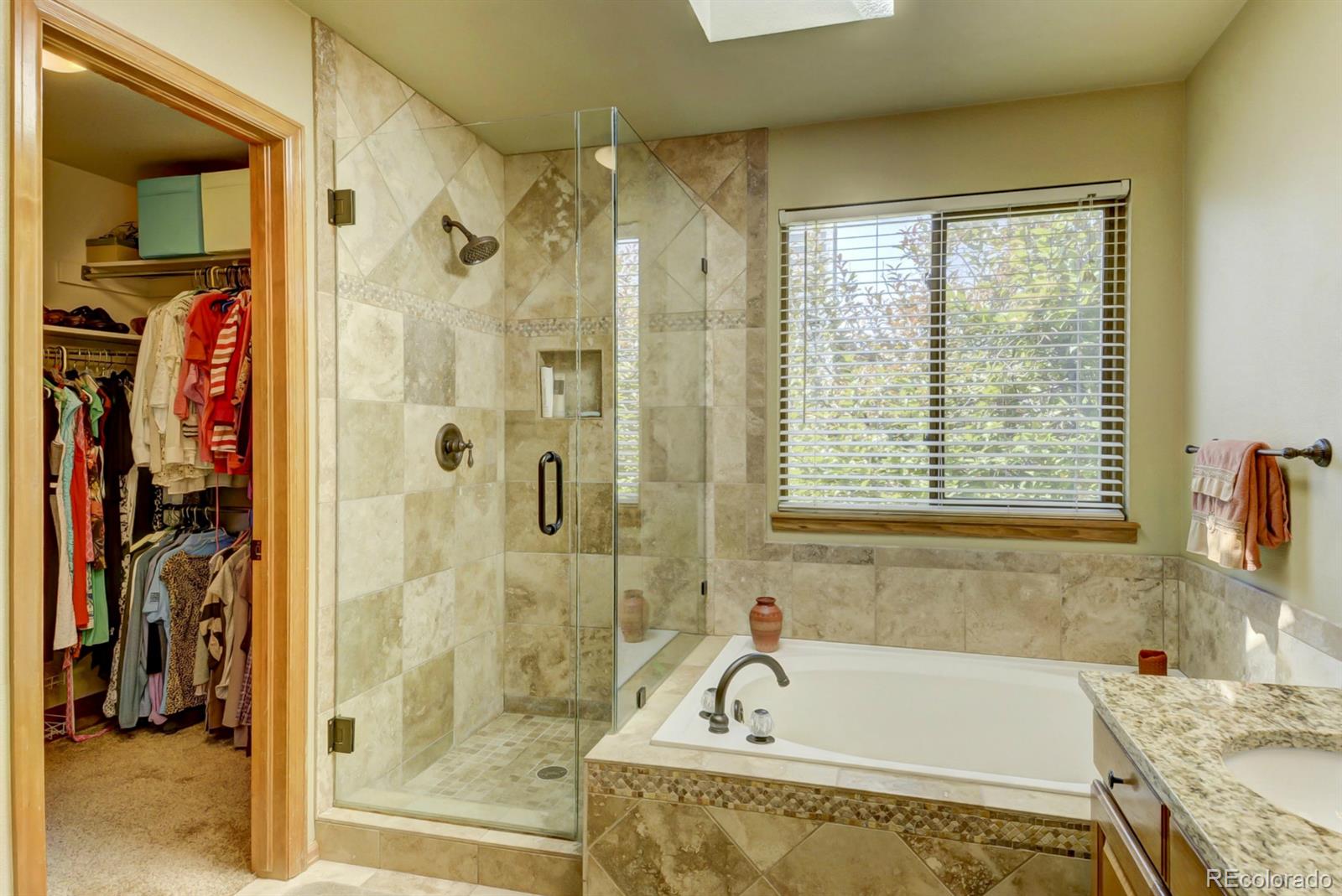 9932 South Spring Hill Place Highlands Ranch, CO 80129 - Photo 17 of 31 a bathroom with a granite countertop bathtub and shower