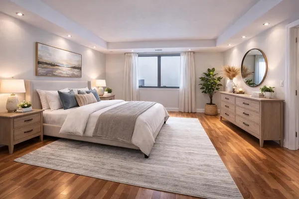 a bedroom with a large bed and a dresser