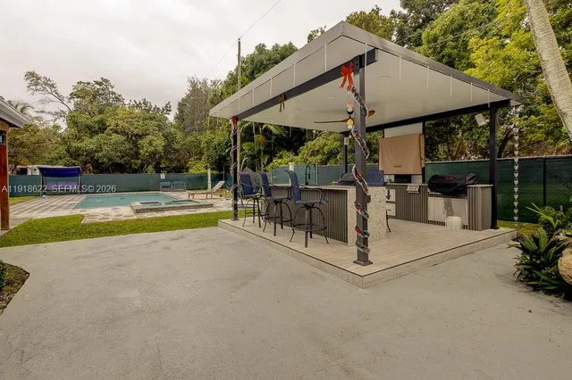 a view of a garden with a slide