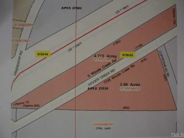 7705-0 Wds Crk Road Apex, NC 27539 - Photo 1 of 1 Copy of Wake County GIS map highlighted to show the two parcels included in this sale. Exterior Front