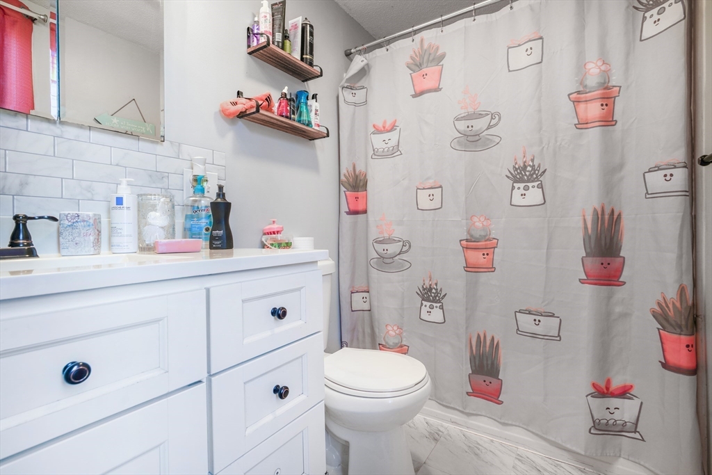 45 Boutwell Street Fall River, MA 02723 - Photo 30 of 36 a bathroom with a sink a toilet and a shower curtain