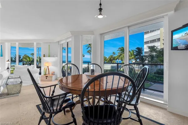 a view of a dining room with furniture window and outside view