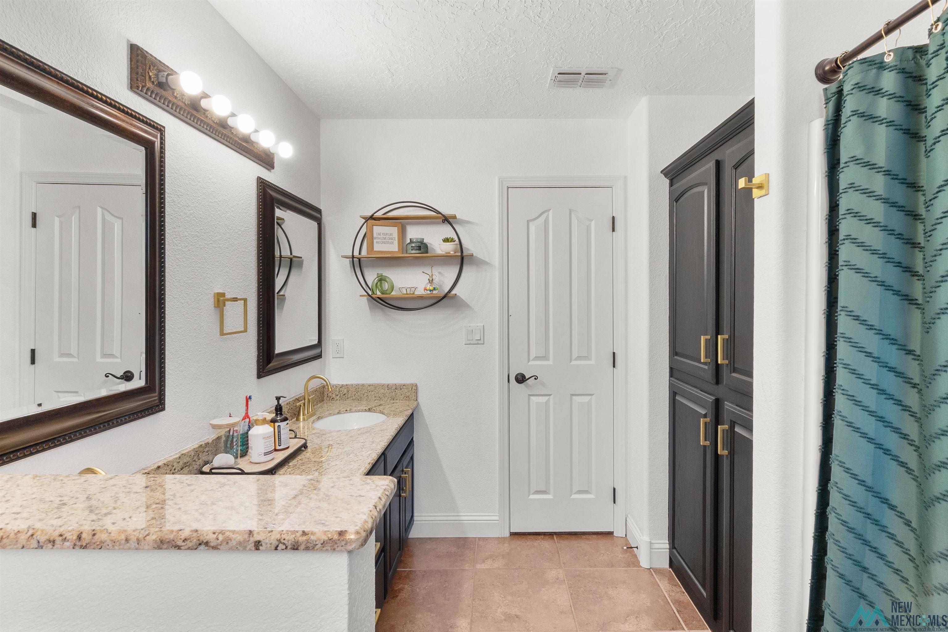 3913 Woodlark Road Clovis, NM 88101 - Photo 25 of 28 Bathroom featuring a dual vanity with granite countertops, undermount sinks, and gold-finish fixtures