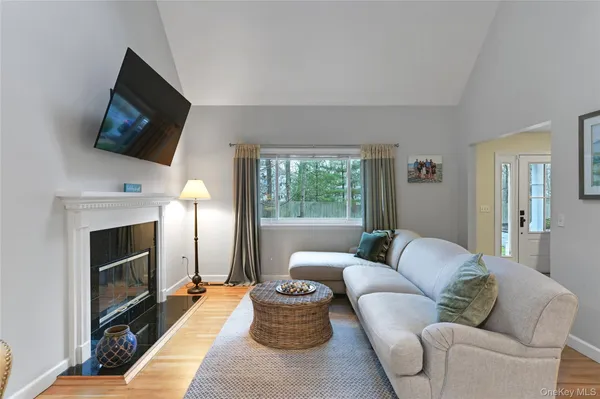 a living room with furniture a flat screen tv and a fireplace