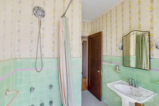 a bathroom with a shower and a sink