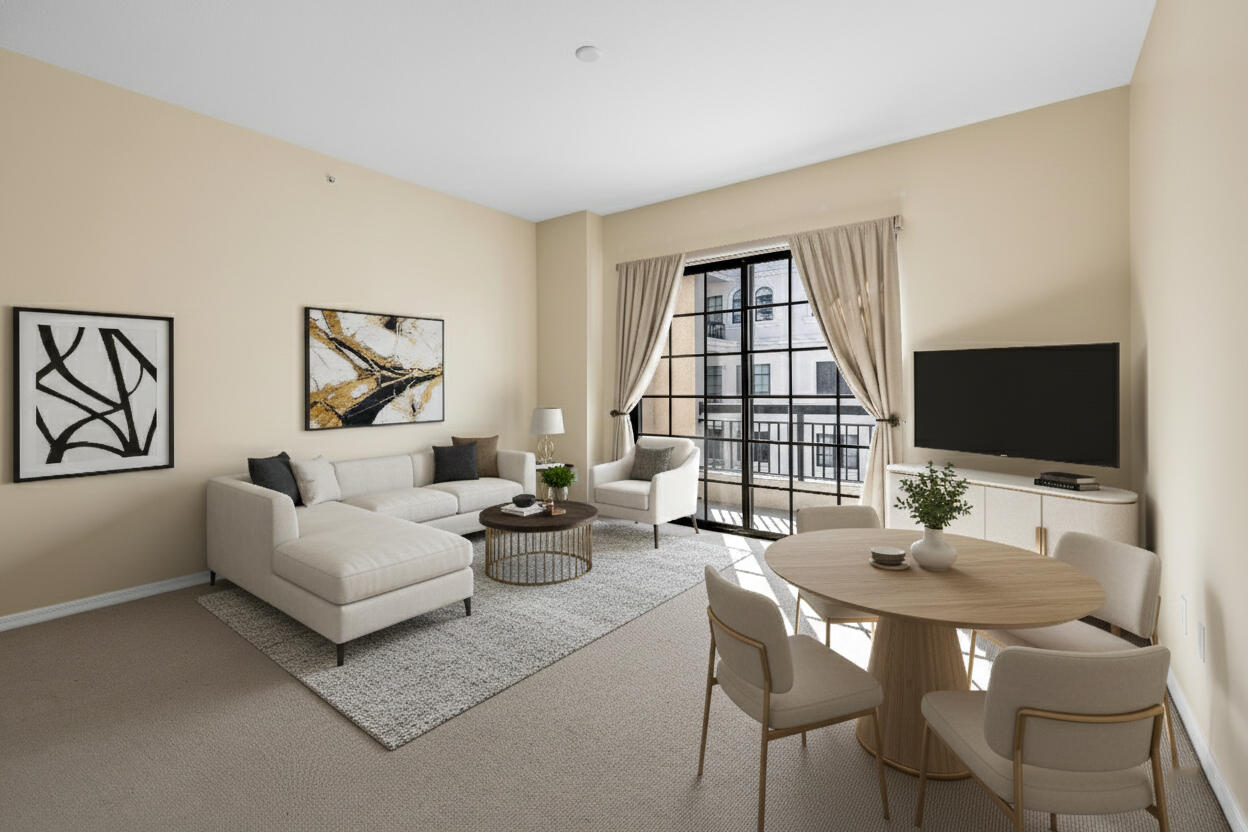 a living room with furniture a flat screen tv and a large window