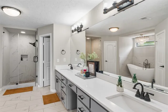 a bathroom with a double vanity sink mirror and shower