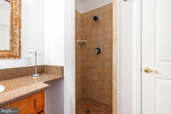 a bathroom with a granite countertop sink and shower