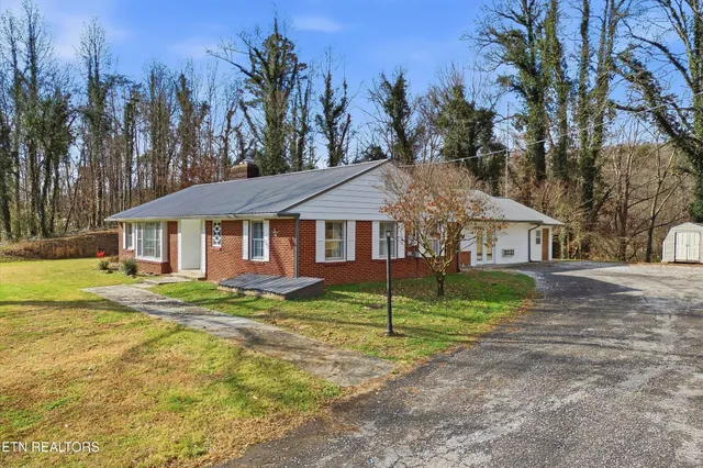 a view of a yard in front of a house with large trees