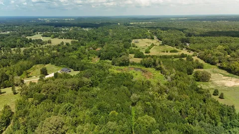 an aerial view of residential houses with outdoor space and trees