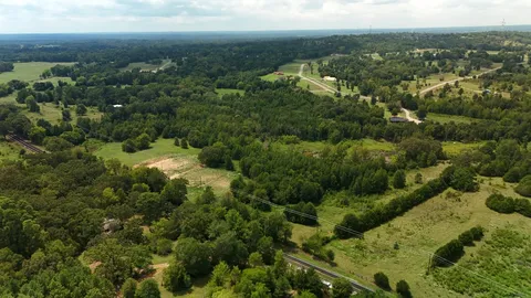 an aerial view of residential houses with outdoor space and trees