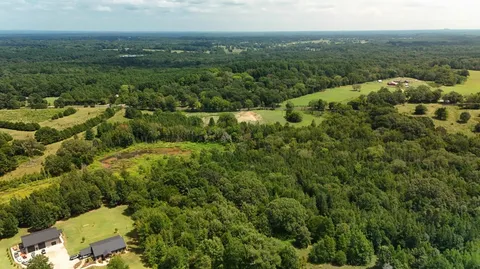 an aerial view of residential houses with outdoor space and trees
