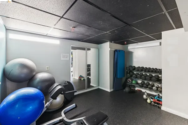 a room with lots of gym equipment