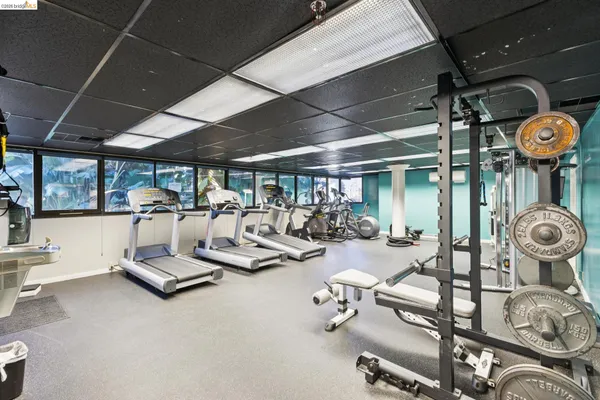 a room with gym equipment and a large window