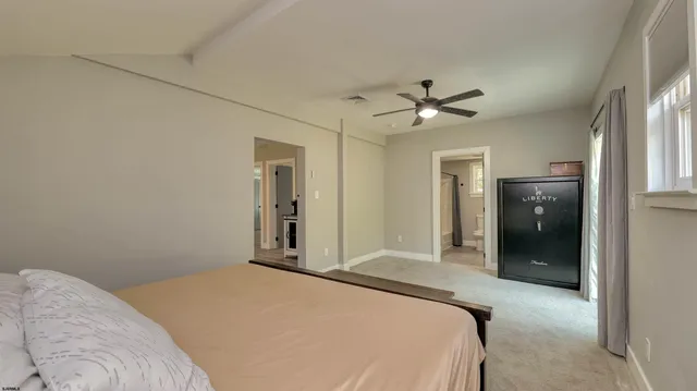 a bedroom with a bed and a ceiling fan