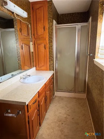 a bathroom with a sink and a mirror
