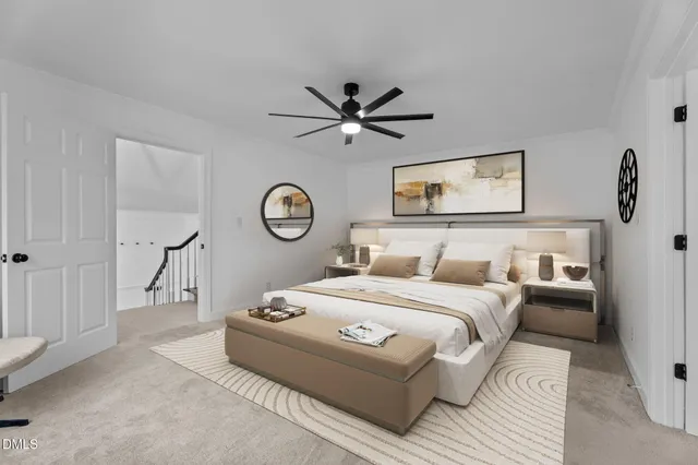 a bed room with a bed and a chandelier