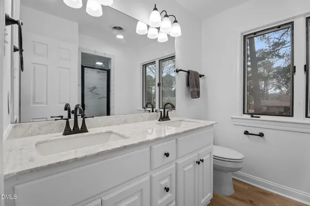a bathroom with a granite countertop sink a large mirror a toilet and a vanity