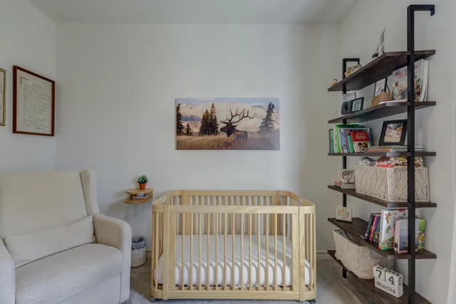 a bedroom with furniture and a book shelf