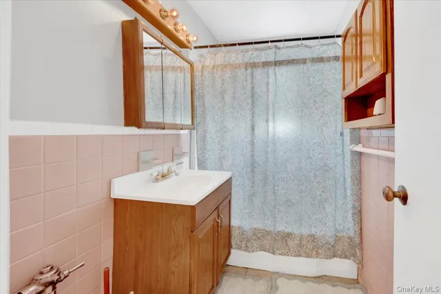a bathroom with a sink a mirror and a shower