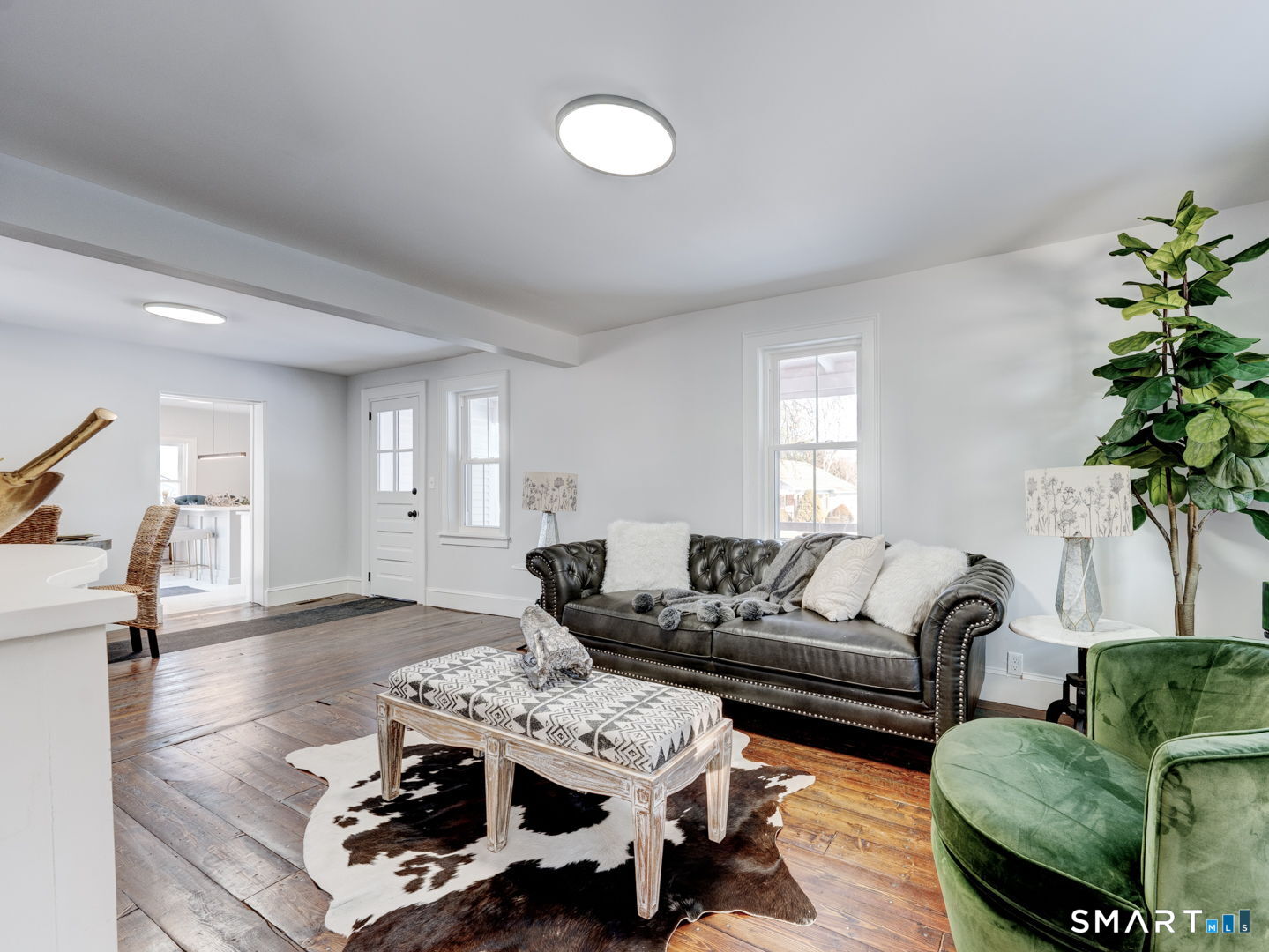 a living room with furniture and a potted plant
