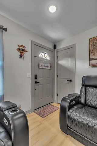 a bedroom with a bed and a walk in closet