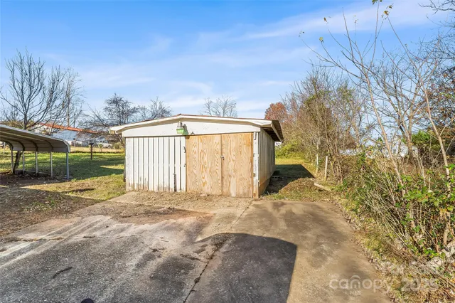 a view of backyard with large trees and wooden fence