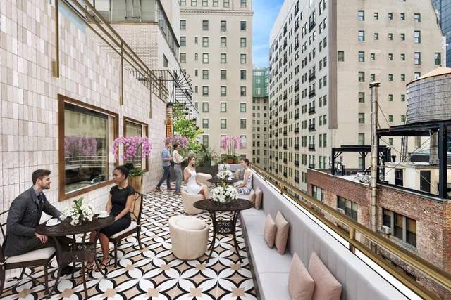 a large room with outdoor seating