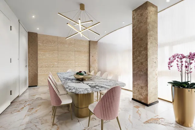 a view of a dining room with furniture