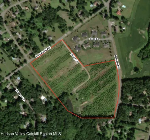 an aerial view of a residential houses with outdoor space and trees