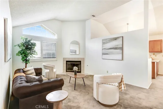 a living room with furniture a window and a fireplace