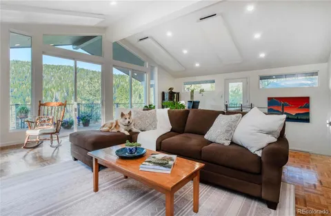 a living room with furniture a rug and a large window