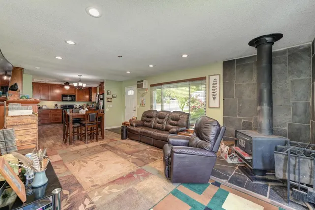 a living room with furniture and a table