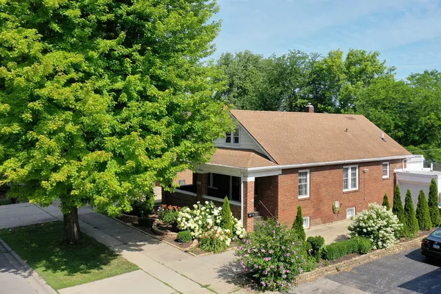 a aerial view of a house with a yard and potted plants