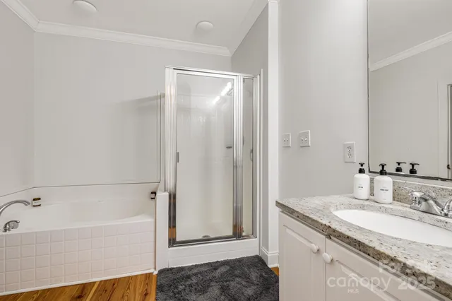 a bathroom with a granite countertop bathtub shower sink and mirror