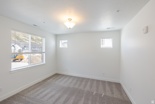 4727 South 690th West, Unit W204 Mapleton, UT 84664 - Photo 10 of 16 Bright interior with white walls, three windows with blinds, a ceiling-mounted light fixture, and patterned carpet flooring
