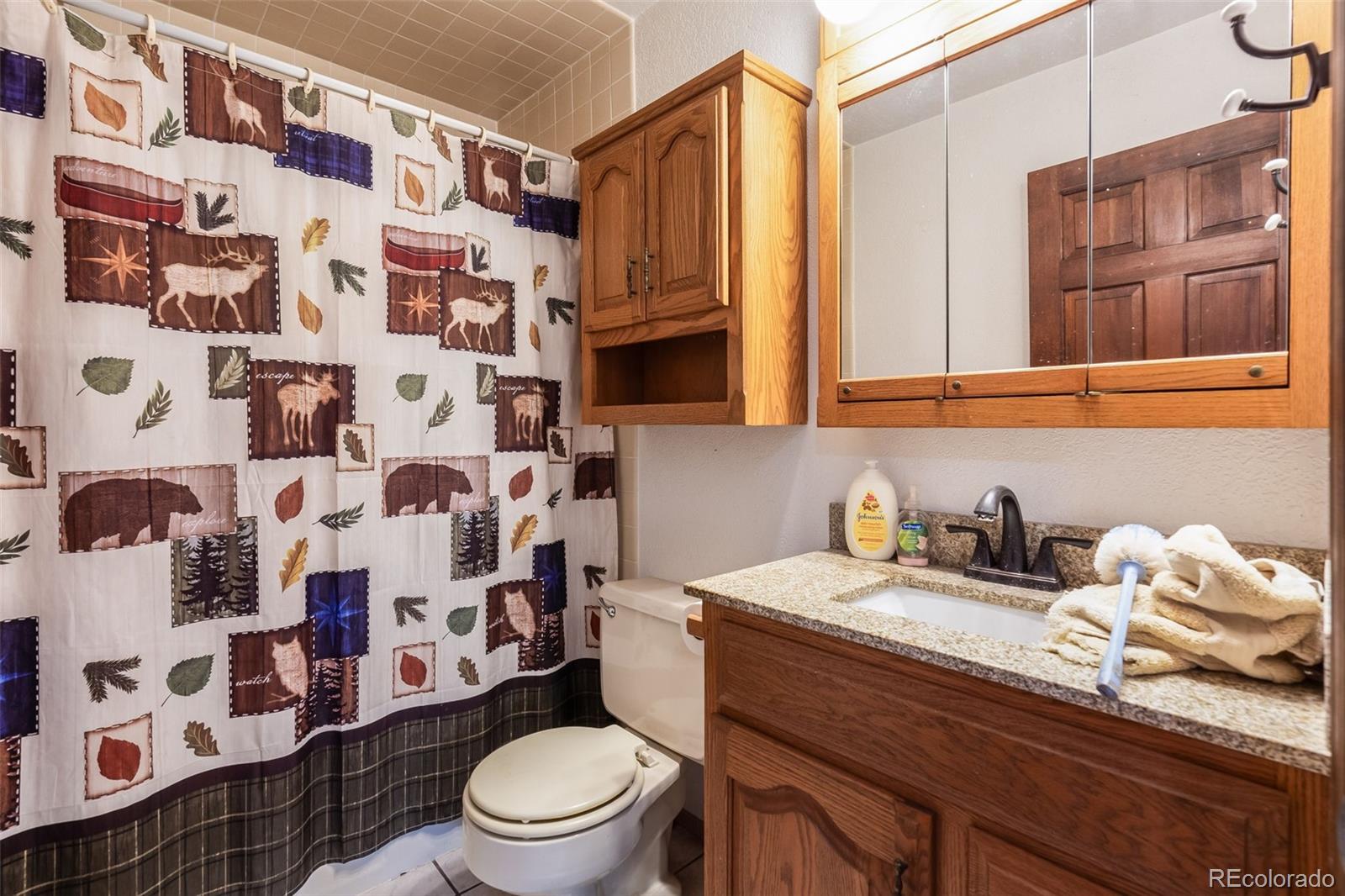 7572 Surrey Drive Morrison, CO 80465 - Photo 21 of 38 a bathroom with a granite countertop toilet sink and mirror