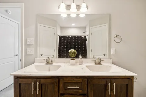 a bathroom with a sink a mirror and a shower