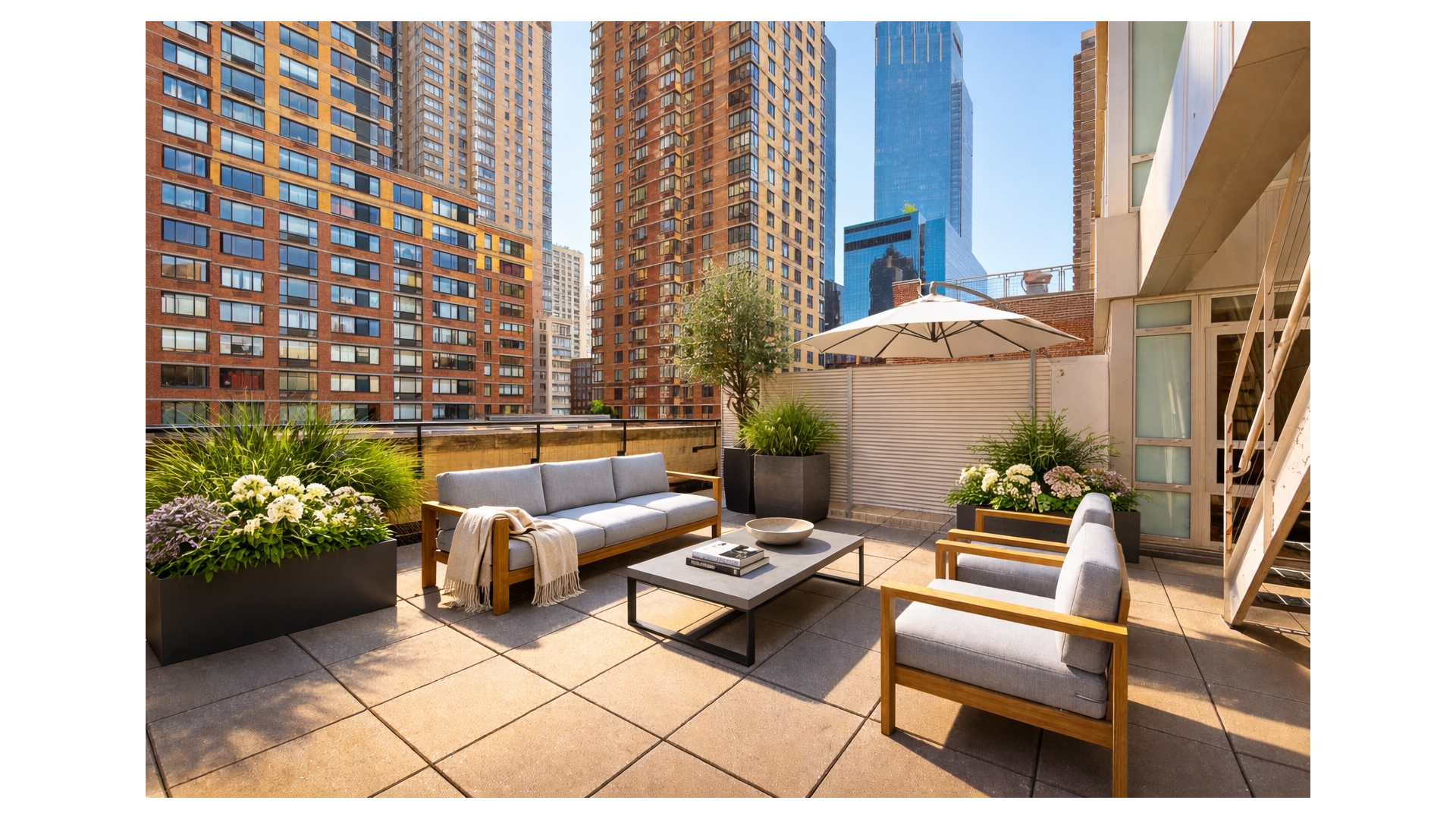 426 West 58th Street, Unit PH2 Manhattan, NY 10019 - Photo 1 of 11 a outdoor space with patio the couches and a potted plant on the wall