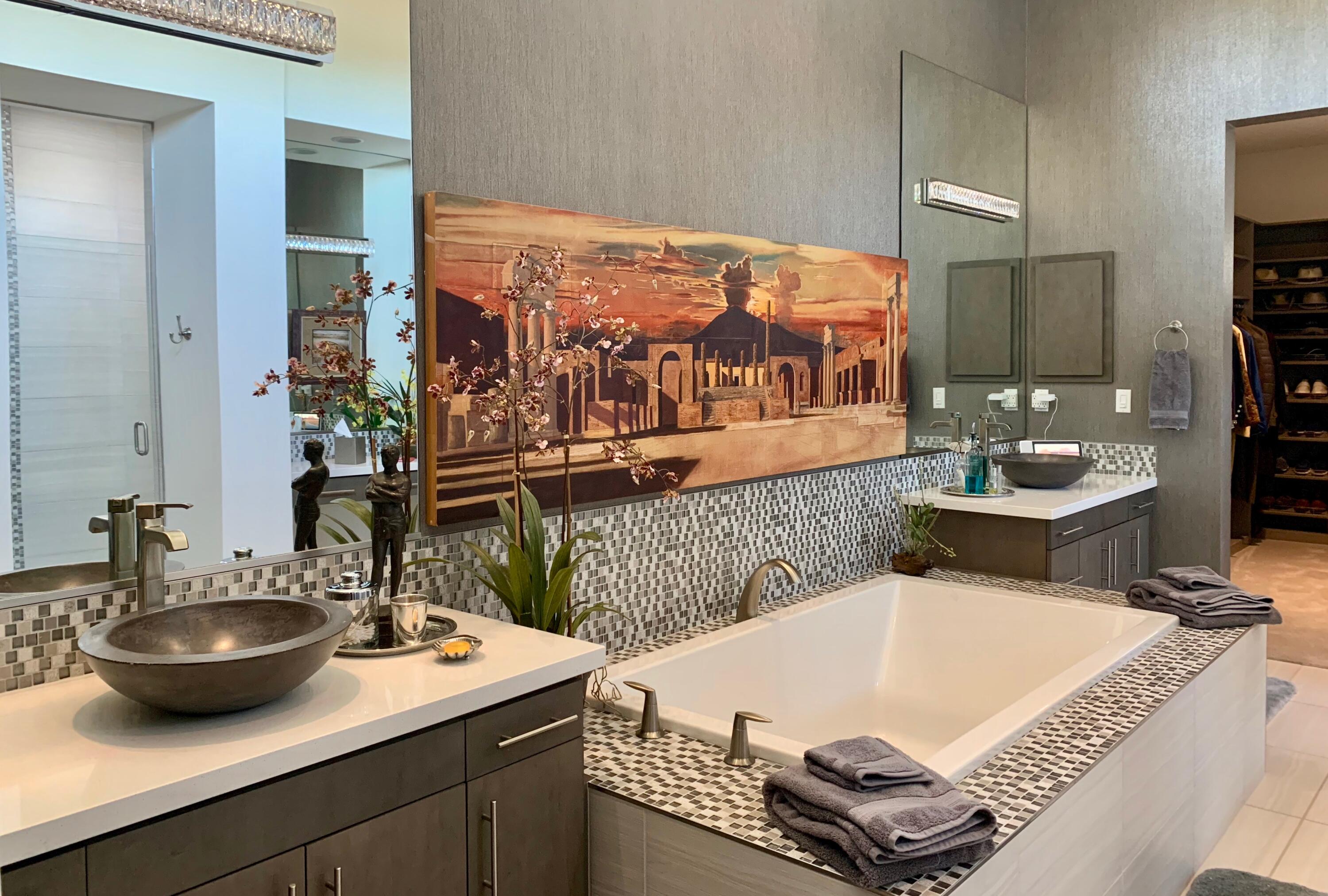1 Via Merenda Rancho Mirage, CA 92270 - Photo 21 of 29 a bathroom with a granite countertop sink a mirror and shower