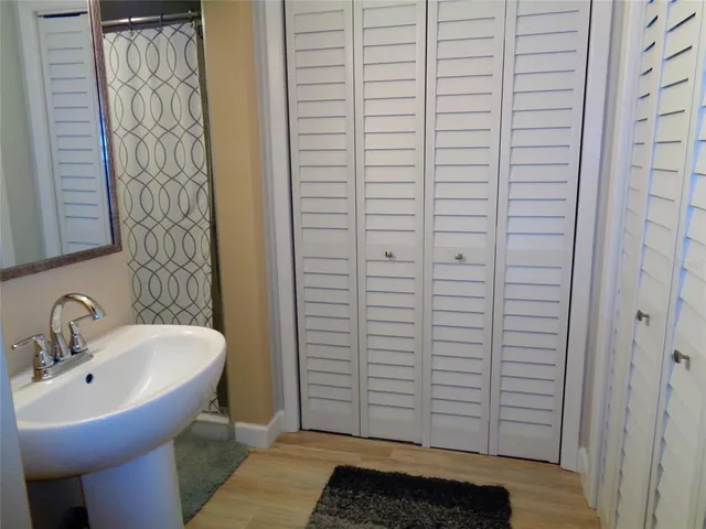 a bathroom with a sink and shower curtain