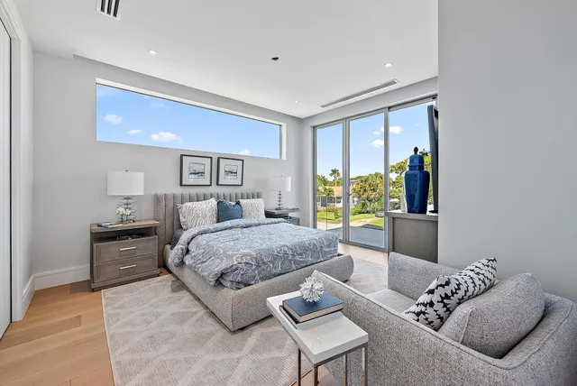a spacious bedroom with a bed and glass window