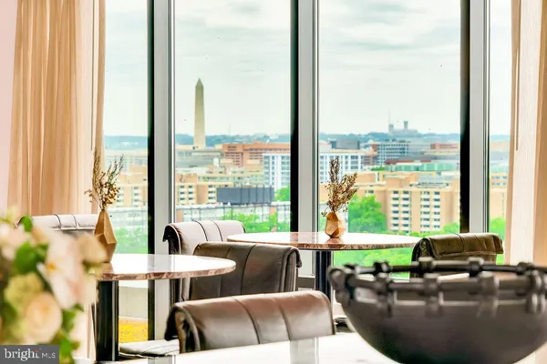 a living room with furniture potted plant and a large window