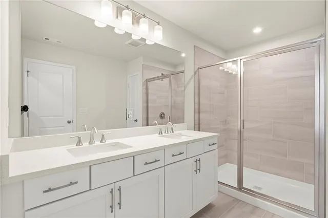 a bathroom with a shower sink vanity and mirror