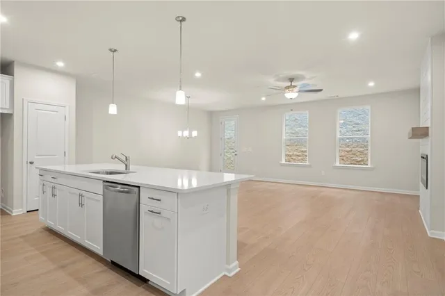 a view of a kitchen with a sink and dishwasher with wooden floor