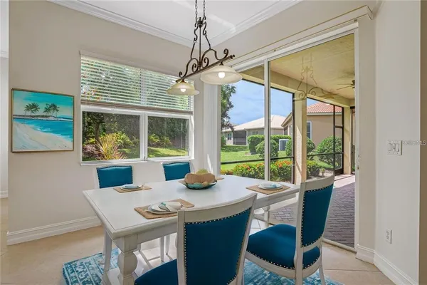 a view of a dining room with furniture window and outside view