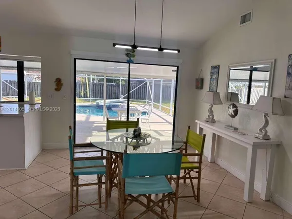 a view of a dining room with furniture window and outside view