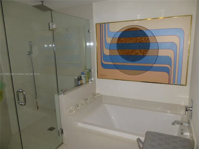 a bathroom with a bathtub and a shower