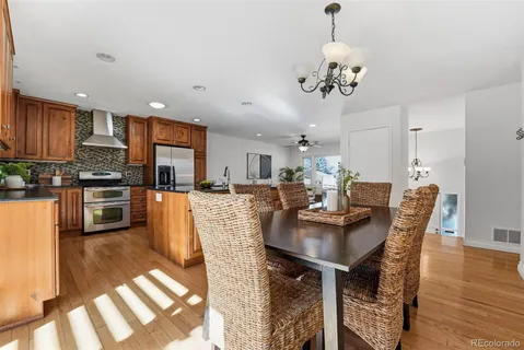 a view of a dining room with furniture